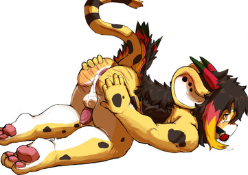 after_anal after_sex anthro arm_markings ass_up ball_gag balls big_ears blush blush_lines bodily_fluids brown_hair brown_spots cum cum_from_ass cum_in_ass cum_inside cum_on_balls cum_on_perineum dipstick_horn drooling ear_blush ear_piercing gag genital_fluids genitals gradient_eyes hair hand_markings hand_on_butt hand_on_own_butt horn looking_back male markings multicolored_horn narrowed_eyebrows pawpads penis perineum piercing pink_pawpads pink_penis raised_tail red_horn saliva saliva_on_ground simple_background solo spots tail whip_mark_on_butt white_background yellow_body young young_anthro wowow0214 felid leopard mammal pantherine hi_res