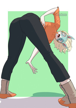 5_fingers anthro belt bent_arm bent_over big_breasts biped black_bottomwear black_clothing black_pants blonde_eyebrows blonde_eyelashes blonde_hair blue_eyes blush boots border bottomwear breasts brown_belt butt button_(fastener) clothed clothed_anthro clothed_female clothing cute_fangs eyebrows eyelashes fangs female female_anthro fingers footwear fully_clothed fully_clothed_anthro fully_clothed_female glistening glistening_eyes green_background hair hand_on_hip looking_at_viewer looking_down looking_down_at_viewer low-angle_view open_mouth orange_clothing orange_shirt orange_topwear pants pink_inner_ear pupils shadow shirt shirt_pocket shoes simple_background snout snout_from_the_front solo standing teal_body teal_skin teeth text topwear white_body white_border white_pupils white_sclera white_skin wide_stance zipper kuyukumu my_hero_academia ippan_josei mammal quirked_human_(my_hero_academia) 2025 artist_name digital_media_(artwork) full-length_portrait hi_res portrait shaded