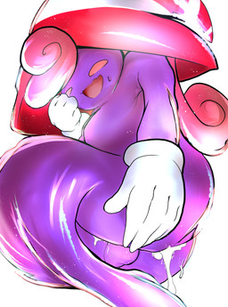 after_anal after_sex balls blush blush_stickers bodily_fluids breasts butt butt_focus clothing cum cum_in_ass cum_inside cumming_from_anal_sex genital_fluids genitals ghost_tail gloves gynomorph hair handwear hat headgear headwear intersex leaking_cum legless not_furry pink_hair purple_body purple_skin small_breasts solo sweat sweatdrop white_clothing white_gloves white_handwear witch_hat bragn0ofoe61640 mario_bros nintendo paper_mario paper_mario:_the_thousand_year_door vivian_(mario) humanoid shadow_siren 2024 absurd_res hi_res trans_(lore) trans_woman_(lore)