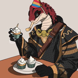 apode birthday black_markings claws clothing dark_sclera food furniture hat headgear headwear legless markings muffin party_hat plate red_body red_scales robe scales serpentine simple_background table crimsnek sszadras_(crimsnek) bush_viper draconcopode naga old_world_viper reptile scalie snake viper 1:1 shaded simple_shading watermark