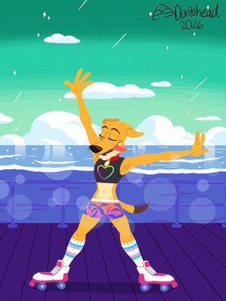 anthro beach boardwalk bottomwear brown_body brown_fur clothing cloud collar crop_top eyes_closed footwear fur green_sky lgbt_pride male midriff multicolored_body multicolored_clothing multicolored_fur navel outside palm_tree plant pride_colors rainbow_clothing rainbow_heart raised_arm roller_skates sand sea shirt short_tail shorts sky socks solo star tail teeth text tongue tongue_out topwear transgender_pride_colors tree two_tone_body two_tone_fur water wave whiskers yellow_body yellow_fur doritohead lgbt_pride_month wally_pembroke canid canine canis corgidor domestic_dog mammal mixed_breed 2026 artist_name hi_res signature