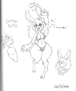 4_toes 5_claws 5_fingers anthro bikini biped bottom_heavy breasts carrot chibi claws clothed clothed_anthro clothed_female clothing count day_count digitigrade exclamation_point feet female female_anthro finger_claws fingers food fur fur_tuft gesture interjection medium_breasts navel plant rabbit_ears solo swimwear talking_to_viewer text thick_thighs toes tuft two-piece_swimsuit vegetable waving wide_hipped_anthro wide_hipped_female wide_hips vant_talon bnuuy_(meme) inktober inktober_2025 lagomorph leporid mammal rabbit 2025 5:6 black_and_white dated english_description english_text hi_res monochrome pen_(artwork) traditional_media_(artwork)