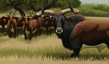 animal_genitalia big_horn brown_body brown_fur day feral field fully_sheathed fur genitals grass group herd horn looking_at_viewer nature outside plant sheath short_fur tree agustindiazart aurochs bovid bovine indian_aurochs mammal recently_extinct_species 2026