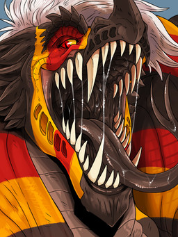 black_insides black_tongue blue_background bodily_fluids facial_horn forked_tongue front_view glistening glistening_eyes glistening_tongue grey_body hair horn looking_aside mouth_shot nose_horn open_mouth pupils red_body red_eyes saliva saliva_on_tongue saliva_string sharp_teeth simple_background slit_pupils solo teeth tongue tongue_out unsigned white_hair yellow_body yellow_sclera swampjaws 3:4 absurd_res bust_portrait hi_res portrait