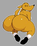 anthro anus backsack balls barely_visible_anus big_butt black_clothing black_footwear black_nose black_shoes butt clothing footwear genitals grey_background looking_back male nude_anthro nude_male outline rear_view simple_background small_balls socks solo tail thick_thighs tongue tongue_out whisker_spots white_clothing white_footwear white_outline white_socks ogilenuj dog_man_(series) dog_man_(character) canid canine canis domestic_dog mammal 2025 english_description