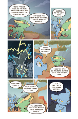 ambiguous_gender black_body black_fur blue_body blue_fur brown_eyes chest_tuft cloud day dialogue digitigrade duo electricity feral fur grass green_body green_fur head_tuft inner_ear_fluff jewelry lightning looking_at_another necklace outside plant quadruped question_mark rock sky speech_bubble talking_to_another text tree tuft yellow_body yellow_eyes yellow_fur wooled nintendo pokemon pokemon_mystery_dungeon spike_chunsoft malachi_(wooled) sable_(wooled) electrike generation_3_pokemon generation_4_pokemon pokemon_(species) shinx comic english_text hi_res