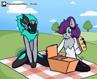 5_fingers anthro clothed clothing duo fingers food happy machine male park picnic plant sandwich_(food) sitting sky tree max_draws patreon mercury_(mercuryshatter1) canid canine canis mammal protogen wolf absurd_res cel_shading hi_res shaded