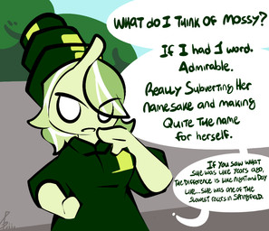 anthro clothing dialogue female green_body green_hair green_skin hair highlights_(coloring) jumpsuit lime_light racing_uniform shell_hat solo speech_bubble white_eyes white_highlights thefablednekos spiral_stream_derby gastropod mollusk snail