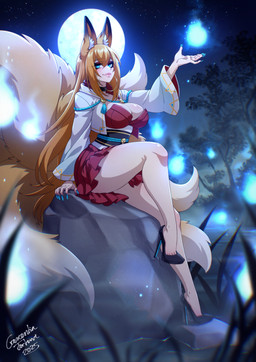 asian_clothing big_breasts blonde_hair bottomwear breasts cleavage clothed clothing colored_nails dipstick_tail east_asian_clothing female footwear full_moon hair high_heels hitodama jacket japanese_clothing long_nails markings moon multi_tail nails night obi rock shoes sitting skirt sky solo star tail tail_markings topwear water crescentia_fortuna animal_humanoid canid canid_humanoid canine canine_humanoid fox_humanoid humanoid mammal mammal_humanoid spirit 2025 dated hi_res signature