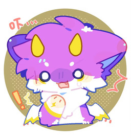 ambiguous_gender anthro blue_inner_ear chibi exclamation_point fur horn open_mouth purple_body purple_fur semi-anthro solo white_body white_fur wings yellow_horn hongyue bust_portrait digital_drawing_(artwork) digital_media_(artwork) portrait tagme male_(lore)