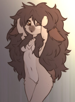 anthro bangs breasts brown_background brown_eyes brown_hair convenient_censorship featureless_crotch female female_anthro fluffy fluffy_hair gradient_background hair hair_covering_breasts hands_behind_head long_hair looking_at_viewer nude nude_anthro nude_female one_eye_closed open_mouth pose raised_tail short_snout simple_background solo standing tail three-quarter_view walking wink winking_at_viewer elronya fan_character ronya lagomorph leporid mammal rabbit brown_theme pinup portrait three-quarter_portrait