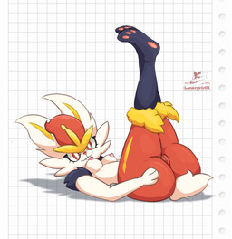 anthro areola big_butt breasts buckteeth butt cheek_tuft eyelashes facial_tuft female fur genitals legs_up lying nipples on_back pawpads pink_areola pink_nipples red_body red_eyes red_fur red_nose small_breasts smile solo teeth thick_thighs tuft vulva white_body white_fur wide_hips razgrizdl nintendo pokemon cinderace generation_8_pokemon pokemon_(species) hi_res