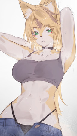 anthro black_clothing black_thong black_underwear blonde_hair blue_bottomwear blue_clothing bodily_fluids bottomwear breasts breath choker clothed clothed_anthro clothed_female clothing crop_top eye_through_hair eyebrow_through_hair eyebrows female female_anthro front_view fur green_eyes grey_clothing grey_crop_top grey_shirt grey_topwear hair hands_behind_head inner_ear_fluff jewelry midriff multicolored_body multicolored_fur navel necklace shirt simple_background solo sweat sweatdrop sweaty_arms sweaty_body thong topwear translucent translucent_hair tuft unbuttoned_bottomwear underwear white_background xaea_xp mihoyo zenless_zone_zero pulchra_fellini felid feline mammal serval thiren 2025 digital_media_(artwork) half-length_portrait hi_res portrait
