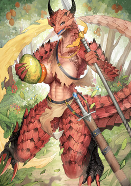 anthro big_breasts biped black_eyes bottomwear breasts claws clothed clothing female food fruit holding_food holding_object holding_weapon horn loincloth looking_at_viewer melee_weapon open_mouth outside plant polearm red_body red_scales scales skimpy smile solo spear standing sword tail toe_claws tree ventral_scales weapon eguchi_tumoru mythology dragon mythological_creature mythological_scalie scalie