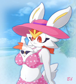 ambiguous_gender anthro beach between_breasts big_breasts big_tail bikini blurred_background breasts buckteeth clothing duo eyewear female flower_in_hat fur hat headgear headwear navel pattern_bikini pattern_clothing pattern_swimwear pink_bikini pink_clothing pink_hat pink_headwear pink_swimwear plant red_eyes red_nose sand seaside size_difference smile straw_hat sunglasses swimwear tail teeth tree two-piece_swimsuit white_body white_fur yellow_inner_ear bingbingo nintendo pokemon cinderace generation_8_pokemon pokemon_(species) scorbunny absurd_res hi_res signature