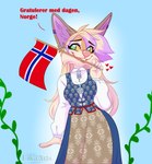 5_fingers anthro bisexual_pride_colors breasts clothed clothing day detailed_background ear_piercing ear_ring female fingers flag lgbt_pride norway_flag outside piercing pride_colors ring_piercing sky smile solo standing text ei-ka rinka_eya canid canine fox mammal 2023 digital_media_(artwork) hi_res norwegian_text