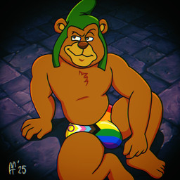 anthro brown_body brown_fur brown_nose bulge chest_tuft closed_smile clothing fur fur_tuft green_clothing green_hat green_headwear hat headgear headwear lgbt_pride male mouth_closed pride_color_clothing pride_colors progress_pride_colors smile solo speedo swimwear tuft fabfelipe disney gummi_bears lgbt_pride_month gruffi_gummi bear mammal 1:1 2025 digital_drawing_(artwork) digital_media_(artwork) hi_res