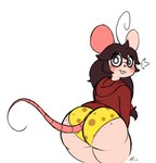 anthro bent_over big_butt big_ears blush buckteeth butt clothed clothing cowlick embarrassed eyewear female flustered glasses hair hoodie messy_hair panties pantsless print_clothing print_underwear red_clothing solo teeth thick_thighs topwear underwear digitalpelican tina_(digitalpelican) mammal mouse murid murine rodent sketch