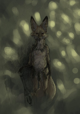 abstract_background anthro beads big_ears biped black_body black_fur breasts brown_body brown_fur casual_exposure clothed clothing feet female forest fur gloves_(marking) grass_skirt hindpaw inner_ear_fluff leg_markings long_mouth looking_at_viewer lute markings multi_nipple musical_instrument nipples outside paws plant plucked_string_instrument simple_background snout socks_(marking) solo standing string_instrument tail topless tree tribal tuft white_body white_fur wood seyorrol canid canine fox mammal hi_res portrait three-quarter_portrait