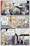 2018 adrian_gray ah_club ali_gray ambiguous_gender anthro blonde_hair blue_hair blush bottomless breasts butt canid canine canis casual_exposure casual_nudity child clothed clothing comic dialogue digital_media_(artwork) duo_focus english_text exercise featureless_crotch female female/female fur grey_body grey_fur group gym hair hi_res hildegard_rothschild inside kangaroo macropod mammal marsupial pouch_(anatomy) procyonid raccoon rick_griffin shirt tank_top text topwear wolf young young_anthro
