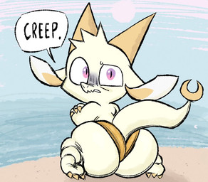 ambiguous_gender anthro beach big_butt bikini bikini_bottom butt clothing disturbed rear_view solo swimwear text thong two-piece_swimsuit underwear filthyopossum chikn_nuggit golden_week mythology fwench_fwy_(chikn_nuggit) dragon mythological_creature mythological_scalie scalie wingless_dragon