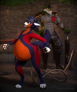 air_inflation anthro belly belly_expansion belly_inflation big_belly duo expansion hose hose_inflation huge_belly hyper hyper_belly inflation male outside pump graventhax mythology canid canine dragon fox mammal mythological_creature mythological_scalie rexouium scalie 3d_(artwork) digital_media_(artwork) hi_res