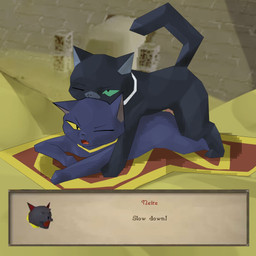 ambiguous_penetration animal_genitalia animal_penis bite biting_another biting_partner black_body black_fur blue_body blue_fur chat_box collar collar_only desert dialogue duo female feral feral_on_feral from_behind_position fur genitals green_eyes magic_carpet male male/female mounting neck_bite nude one_eye_closed penetration penis pyramid sex tail text white_collar yellow_collar yellow_eyes godforgiveme4 old_school_runescape runescape bob_the_cat_(runescape) neite_(runescape) domestic_cat felid feline felis mammal 1:1 english_text hi_res