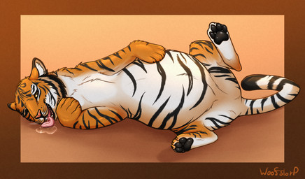 ambiguous_gender ambiguous_prey belly big_belly bloated bodily_fluids digestion drooling duo fatal_vore feral feral_pred fur happy lying male male_pred on_side open_mouth orange_body orange_fur saliva simple_background soft_vore spread_legs spreading striped_body striped_fur stripes tail teeth text vore woofslorp felid mammal pantherine tiger artist_name colored digital_drawing_(artwork) digital_media_(artwork) english_description hi_res watermark
