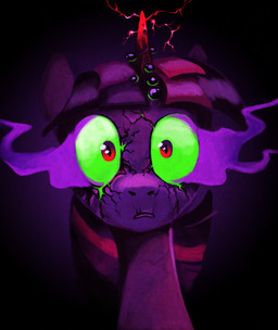 aura black_background corruption cracks female feral fur green_eyes hair horn looking_at_viewer magic multicolored_hair purple_body purple_fur purple_hair simple_background solo two_tone_hair lopoddity friendship_is_magic hasbro my_little_pony mythology twilight_sparkle_(mlp) equid equine mammal mythological_creature mythological_equine unicorn 2012