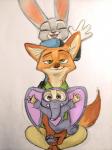 anthro barefoot big_ears clothed clothing feet female fully_clothed fur green_eyes group male orange_body orange_fur mortic_ox disney zootopia finnick_(zootopia) judy_hopps nick_wilde canid canine fennec_fox fox lagomorph leporid mammal rabbit red_fox true_fox 2019 3:4