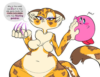anthro breasts claws countershading dialogue duo eyelashes eyeliner female huge_thighs looking_at_viewer makeup male text thick_thighs wide_hips kaboozey kirby_(series) kirby_and_the_forgotten_land nintendo clawroline kirby felid leopard mammal pantherine english_text