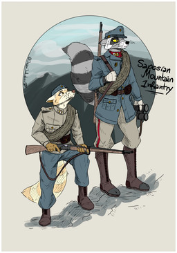anthro boots border clothing cloud combat_boots duo ears_back eyebrows footwear gun hat headgear headwear kneeling male male/male military military_cap military_clothing military_hat military_jacket military_pants military_uniform mountain pivoted_ears ranged_weapon shoes sky soldier tail text uniform warrior weapon white_border yellow_eyes mawkvlt mammal procyonid raccoon hi_res