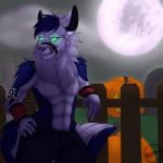 abs anthro biped clothed clothing fangs food fruit jack-o'-lantern looking_at_viewer male navel outside plant pumpkin solo standing teeth tongue tongue_out topless magic_(artist) canid canine mammal 1:1 hi_res