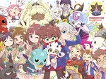 anthro belt blush claws female fur gesture grin group hair hair_over_eyes hand_gesture horn kerchief long_ears male one_eye_closed ponytail_ears smile v_sign white_body wink yellow_body yellow_eyes yellow_fur hamu_ym hman bandai_namco digimon digimon_ghost_game aoi_(digimon_ghost_game) hiro_amanokawa hokuto_amanokawa kiyoshiro_higashimitarai mika_(digimon_ghost_game) riku_fukatsu ruri_tsukiyono angoramon betsumon blackgatomon_uver. clockmon digimon_(species) espimon gammamon gulusgammamon human humanoid jellymon lagomorph leporid mammal mummymon piximon rabbit ryudamon tapirmon terriermon 4:3