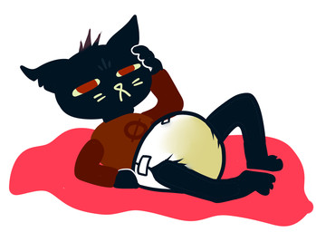 anthro bodily_fluids clothed clothing diaper female genital_fluids simple_background solo topwear unclean_diaper urine used_diaper waking_up wearing_diaper wet_diaper babystar night_in_the_woods mae_borowski domestic_cat felid feline felis mammal digital_media_(artwork)