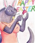 anthro breasts clothed clothing egg fake_ears fake_rabbit_ears female fullcolor holidays htmar3 paint purple_body purple_scales scales solo tongue tongue_out nyghtmar3 easter tasha_(nyghtmar3) cobra reptile scalie snake 2023 traditional_media_(artwork)