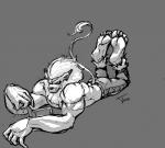 5_toes barefoot big_feet big_muscles book bottomwear clothed clothing ear_piercing ear_ring feet lying male mane muscular muscular_male on_front pants piercing plantigrade raised_tail ring_piercing solo tail tail_tuft toes topless tuft taro_hearth bandai_namco digimon digimon_(species) leomon hi_res monochrome