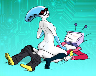 antenna_wire belt black_clothing black_legwear black_lips black_thigh_highs blue_clothing blue_gloves blue_handwear blue_nipples blush blush_lines boots bottomwear bottomwear_down breasts butt circuitry clothed clothing cowgirl_position duo electronics female female_on_top female_penetrated footwear from_front_position gloves grabbing_sheets handwear jacket legwear lips machine male male/female male_penetrating male_penetrating_female medium_breasts necktie nipples not_furry on_bottom on_top open_belt pants pants_down partially_clothed penetration penile penile_penetration penis_in_vagina pointy_nose red_clothing red_jacket red_topwear screen screen_face sex shoes simple_background spiral spiral_eyes television thigh_highs topwear vaginal vaginal_penetration white_body white_clothing white_gloves white_handwear yellow_clothing yellow_footwear yellow_necktie yellow_shoes barbanova deltarune undertale_(series) queen_(deltarune) tenna_(deltarune) darkner humanoid robot robot_anthro robot_humanoid hi_res