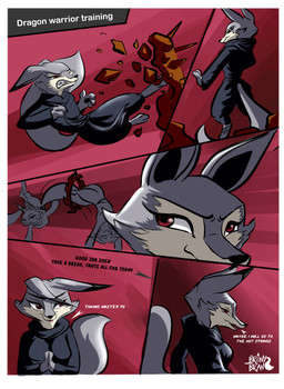 angry anthro bowing breasts clothed clothed_anthro clothing dialogue female flexible fur grey_body grey_fur jumping offscreen_character offscreen_male red_eyes rock showing_teeth smashing smile solo text training bronybran dreamworks kung_fu_panda master_po_ping zhen_(kung_fu_panda) canid canine corsac_fox fox mammal true_fox absurd_res comic english_text hi_res