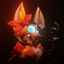 anthro big_ears black_background black_nose black_sclera blue_eyes bow_(feature) bow_ribbon claws eyebrows eyelashes female glowing glowing_eyes heart_symbol lips looking_at_viewer machine mechanical_arm metallic_body open_mouth orange_body orange_skin sharp_teeth shoulder_pads simple_background solo sun teeth thick_eyebrows three-quarter_view white_body white_skin wire sunnyjd04 animator's_hell fan_character sunny_(animator's_hell) animatronic canid canine fox mammal robot 1:1 2021 3d_(artwork) digital_media_(artwork) headshot_portrait hi_res icon portrait signature