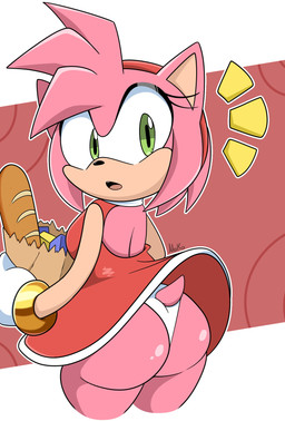 anthro bottomwear bread bread_bag butt clothed clothing clothing_lift female food fur green_eyes hair head_accessory open_mouth panties pink_body pink_fur pink_hair raised_tail red_clothing red_hairband skirt skirt_lift solo surprised tail underwear nokoart06 sega sonic_the_hedgehog_(series) amy_rose eulipotyphlan hedgehog mammal absurd_res hi_res