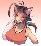 big_breasts bodily_fluids breasts brown_hair clothing female hair inner_ear_fluff open_mouth shirt simple_background smile solo sweat tank_top topwear towel tuft nekoarashi yagatake_arashi animal_humanoid cat_humanoid felid felid_humanoid feline feline_humanoid humanoid mammal mammal_humanoid 2019 half-length_portrait portrait