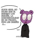 anthro black_nose clothed clothing dialogue eyewear glasses purple_body simple_background solo text vixx137 unicorn_wars padre_(unicorn_wars) bear mammal 1:1 2023 hi_res spanish_text