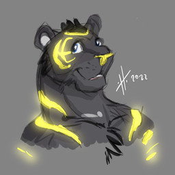 anthro blue_eyes chest_tuft facial_markings front_view fur glistening glistening_eyes green_background head_markings head_spikes looking_aside male male_anthro markings nude open_mouth pink_tongue simple_background solo spikes spikes_(anatomy) striped_body striped_fur striped_neck stripes teeth tongue tuft yellow_nose yellow_stripes hufnaar felid mammal 2022 bust_portrait dated portrait