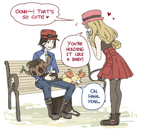 ambiguous_gender bench blonde_hair clothed clothing curled_up eyewear eyewear_on_head female feral group hair hat headgear headwear heart_symbol holding_another male outside simple_background sitting sleeping solo speech_bubble sunglasses sunglasses_on_head text tree_stump trio wearing_sunglasses alex_law nintendo pokemon calem_(pokemon) serena_(pokemon) canid canine fennekin fox generation_6_pokemon ghost human mammal phantump pokemon_(species) spirit english_text