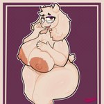 absurd_res anthro areola big_areola big_breasts blush boss_monster_(undertale) bovid breasts caprine catboyz digital_media_(artwork) eyewear female fur glasses goat hi_res horn huge_breasts looking_at_viewer mammal mature_anthro mature_female nipples nude open_mouth overweight overweight_anthro simple_background slightly_chubby smile solo tail thick_thighs toriel undertale undertale_(series) white_body white_fur wide_hips