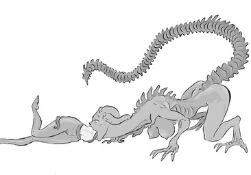 big_breasts breasts duo female female/female female_pred female_prey long_tongue nipples nude oral_vore tail tongue vore evil_nightmare alien human humanoid mammal monochrome