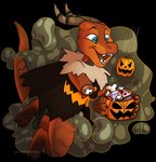 anthro candy_gore claws clothed clothing gore horn male open_mouth painless_gore simple_background smile solo grumpy_griffin_creations kobold reptile scalie 2021 digital_media_(artwork) hi_res