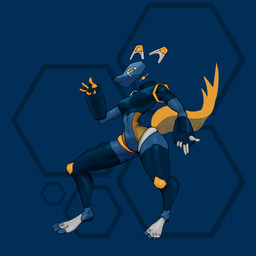 big_forearms blue_background blue_body female floating_ears floating_head forearms geometric_background glistening glistening_body hexagon machine mascot mask_face multicolored_body orange_tail pawpads plantigrade_pawpads simple_background solo standing tail two_tone_body metaphos e621 esix android domestic_cat felid feline felis mammal robot 1:1 2026 absurd_res digital_drawing_(artwork) digital_media_(artwork) hi_res