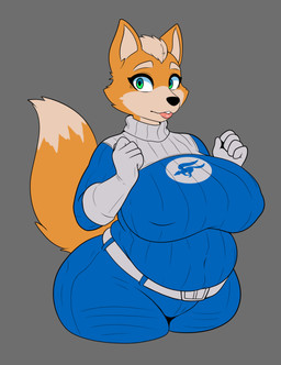 anthro arms_bent belly belt big_breasts biped bodysuit breasts clothing cosplay crossgender female gloves green_eyes handwear looking_at_viewer mtf_crossgender nipple_outline overweight skinsuit solo tail thick_thighs tight_clothing choccy_boo fantastic_four nintendo star_fox fox_mccloud susan_storm_(marvel) canid canine fox mammal